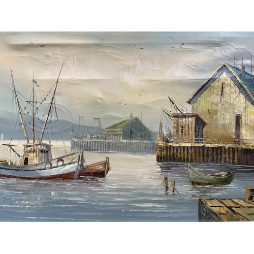 270 - A late 20th century framed acrylic on canvas of a harbour scene signed lower left - approx. 69cm hig... 