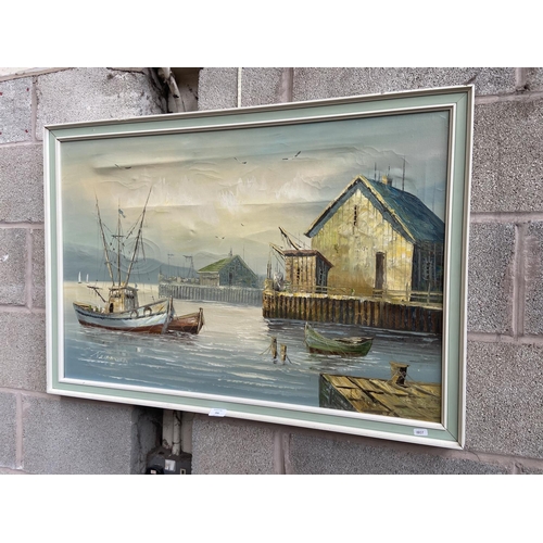 270 - A late 20th century framed acrylic on canvas of a harbour scene signed lower left - approx. 69cm hig... 