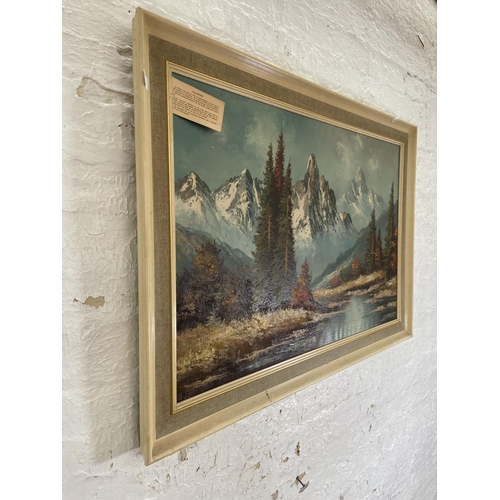 304 - A mid 20th century framed J. De Nooyer oil on canvas of a mountain lakeside scene - approx. 75cm hig... 