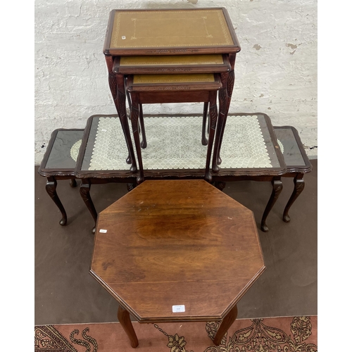 113 - Three pieces of furniture, one Edwardian walnut octagonal coffee table, one beech and tan leather ne... 