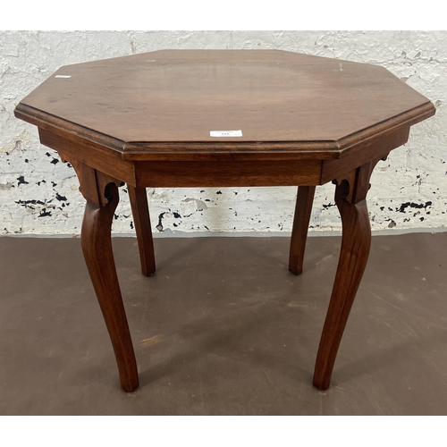 113 - Three pieces of furniture, one Edwardian walnut octagonal coffee table, one beech and tan leather ne... 