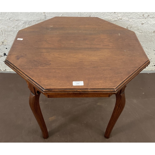 113 - Three pieces of furniture, one Edwardian walnut octagonal coffee table, one beech and tan leather ne... 