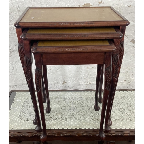 113 - Three pieces of furniture, one Edwardian walnut octagonal coffee table, one beech and tan leather ne... 