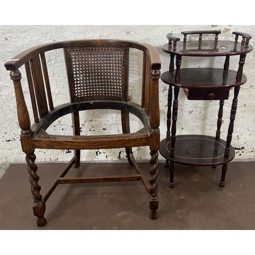 115 - Five pieces of furniture, one early 20th century oak and rattan desk chair on barley twist supports,... 