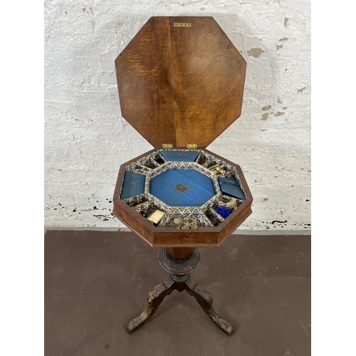 134 - A Victorian inlaid walnut octagonal tripod pedestal sewing table - approx. 76cm high x 44cm wide x 4... 