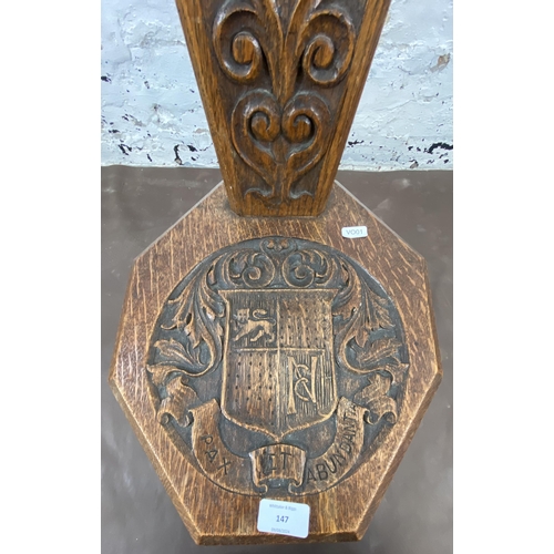 147 - A carved oak spinning chair - approx. 85cm high