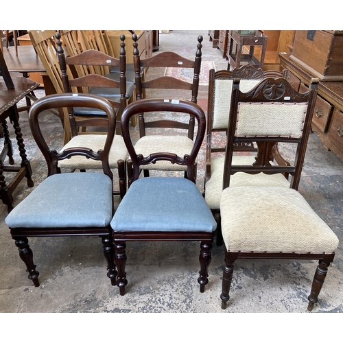 39 - Six chairs, two Victorian mahogany balloon back dining chairs, one Victorian carved walnut and fabri... 