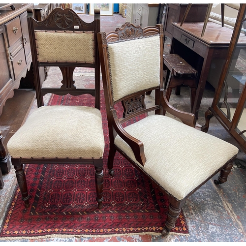 39 - Six chairs, two Victorian mahogany balloon back dining chairs, one Victorian carved walnut and fabri... 