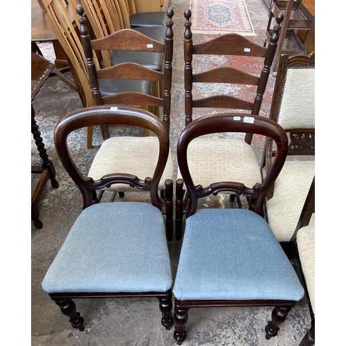 39 - Six chairs, two Victorian mahogany balloon back dining chairs, one Victorian carved walnut and fabri... 