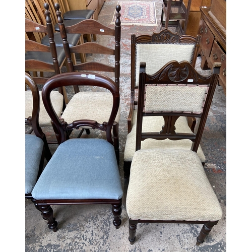 39 - Six chairs, two Victorian mahogany balloon back dining chairs, one Victorian carved walnut and fabri... 