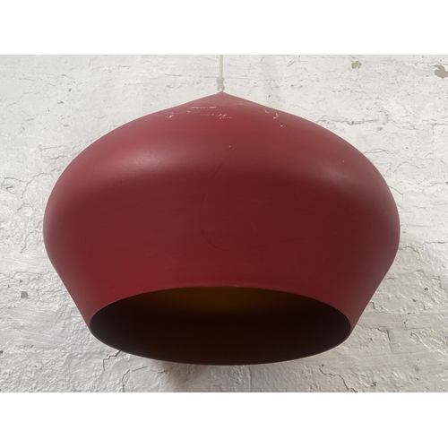 99 - A mid 20th century style red metal pendant ceiling light - approx. 110cm drop