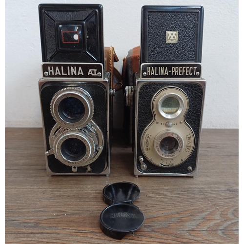 577 - Two cased Haking Halina 6x6 medium format cameras for 120 film, one A1 TLR and one Prefect pseudo TL... 