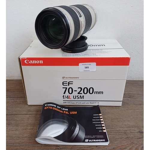 585 - A boxed Canon Ultrasonic (red) L-series EF 70-200mm 1:4 USM zoom lens for Canon AF with ET-74 lens h... 