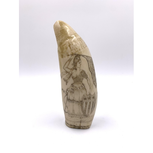 2150 - A reproduction resin scrimshaw whale tooth, engraved A. T. Moger - approx. 16cm