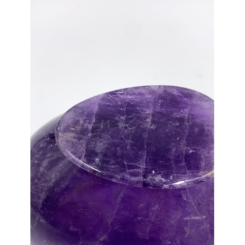 2151 - A carved amethyst pedestal bowl, signed to base - approx. 7cm high x 10cm wide x 15cm long