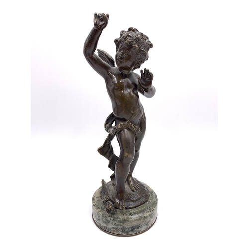 2157 - A pair of bronze cherub sculptures on circular mottled marble plinths, after Auguste Moreau - approx... 