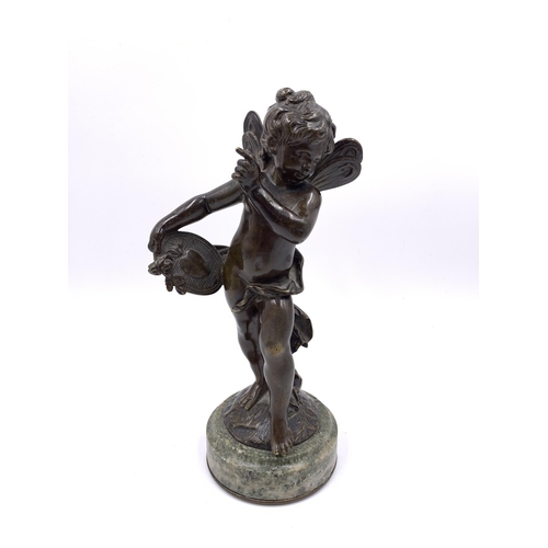 2157 - A pair of bronze cherub sculptures on circular mottled marble plinths, after Auguste Moreau - approx... 