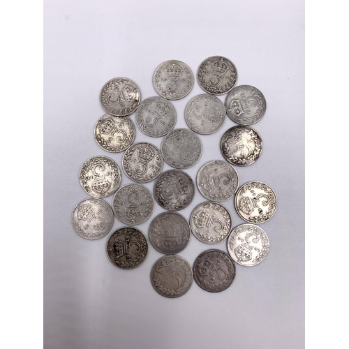 2161 - Twenty-two 92.5% silver threepences to include 1884, 1885, 1890, 1896, 1900, 1902, 1907 etc.