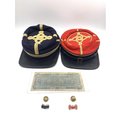 2165 - Three American items, two reproduction Civil War Artillery Kepi hats and one 1864 Confederate twenty... 