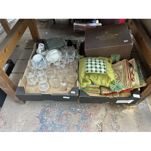 1095 - Six boxes containing glassware, ceramics, vintage lighters etc.