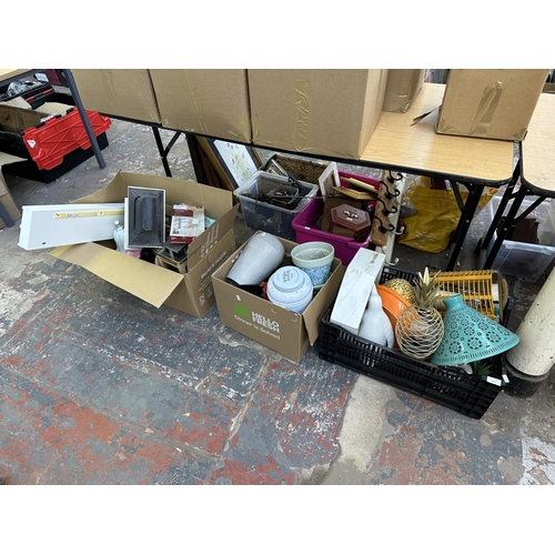 1101 - Three boxes containing vintage scales, pineapple lamp, Livarno wall mountable coat rack etc.