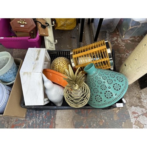 1101 - Three boxes containing vintage scales, pineapple lamp, Livarno wall mountable coat rack etc.