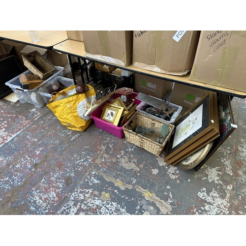 1107 - Fives boxes and one bag containing framed tapestries, vintage hand tools, ceramic coffee set etc.