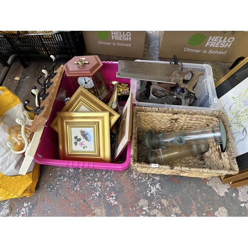 1107 - Fives boxes and one bag containing framed tapestries, vintage hand tools, ceramic coffee set etc.