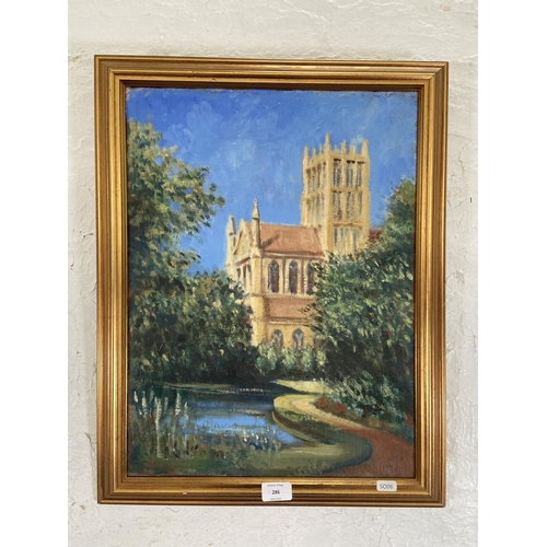 344B - A late 20th century gilt framed Impressionist style acrylic on canvas painting of Durham cathedral -... 