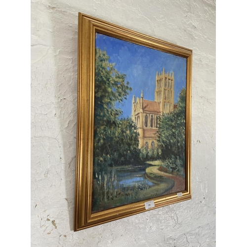 344B - A late 20th century gilt framed Impressionist style acrylic on canvas painting of Durham cathedral -... 