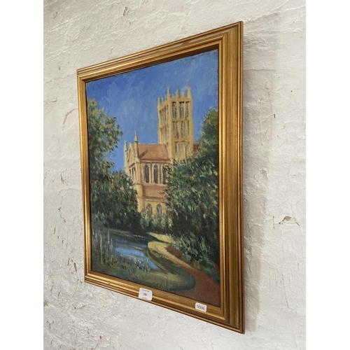 344B - A late 20th century gilt framed Impressionist style acrylic on canvas painting of Durham cathedral -... 