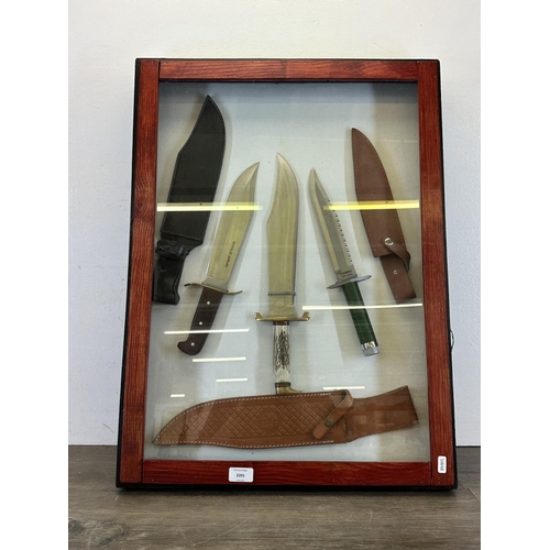 2201 - A wooden display case containing three hunting knives to include Rambo First Blood, Arnold Arms etc.... 