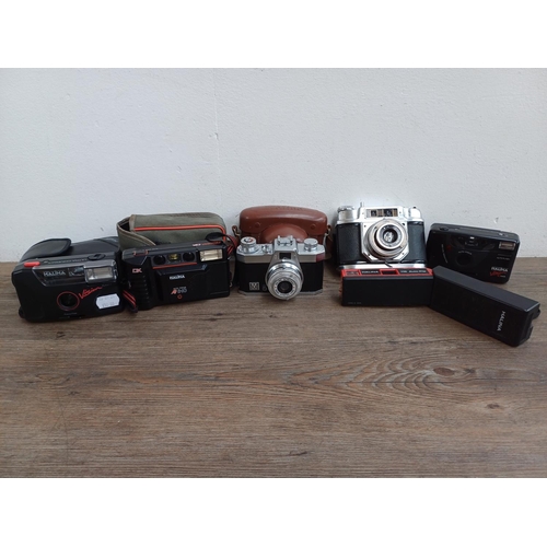 599 - Six Haking Halina cameras to include cased Pet 35mm viewfinder, 6-4 for 120 film, AF810 autofocus 35... 