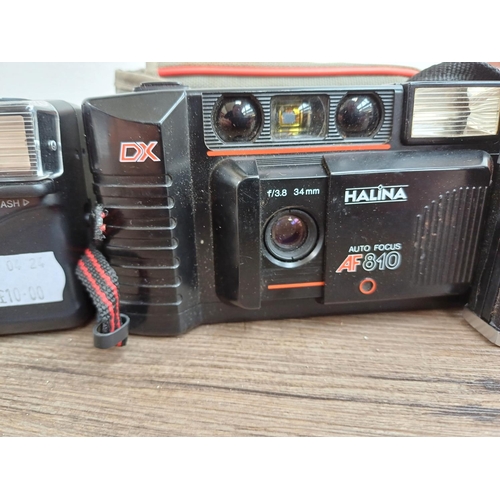 599 - Six Haking Halina cameras to include cased Pet 35mm viewfinder, 6-4 for 120 film, AF810 autofocus 35... 