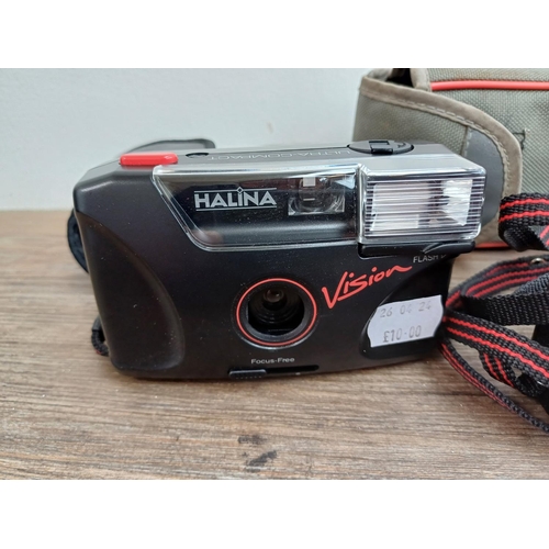 599 - Six Haking Halina cameras to include cased Pet 35mm viewfinder, 6-4 for 120 film, AF810 autofocus 35... 