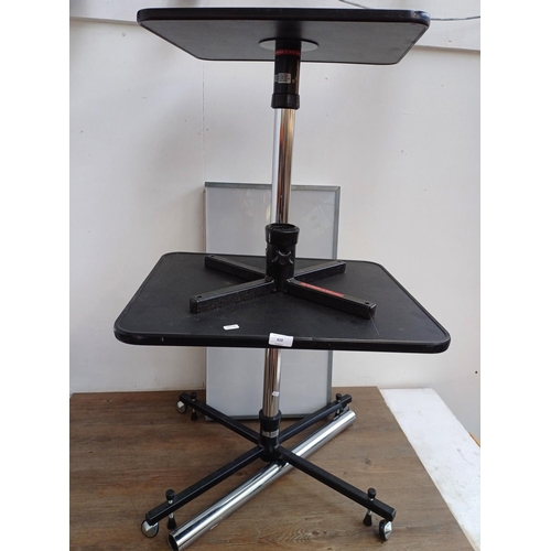 610 - Two items, one Unicol projector stand on casters with 76cm and 114cm poles and three shelves and one... 