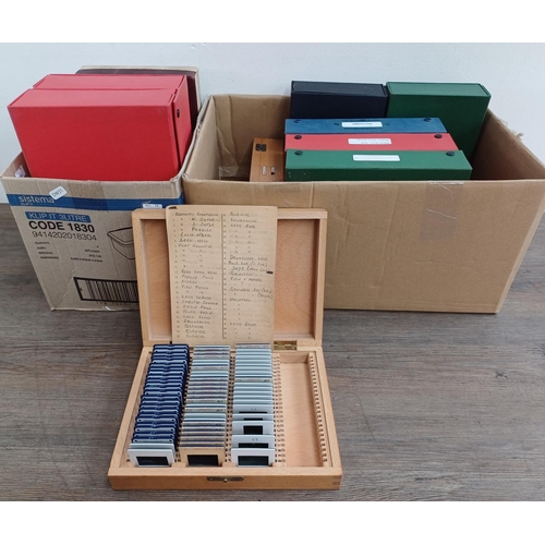 620 - Two boxes containing boxed and catalogued slides to include  'Scotland', 'London, Devon, Cornwall', ... 