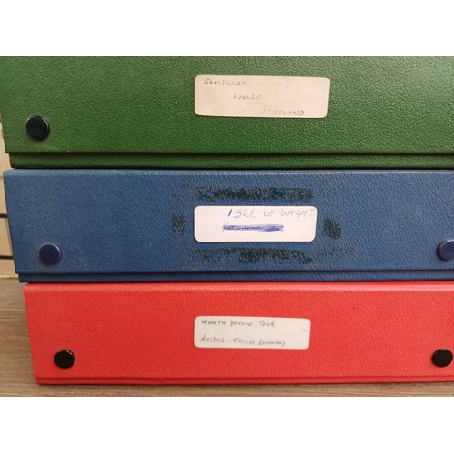 620 - Two boxes containing boxed and catalogued slides to include  'Scotland', 'London, Devon, Cornwall', ... 