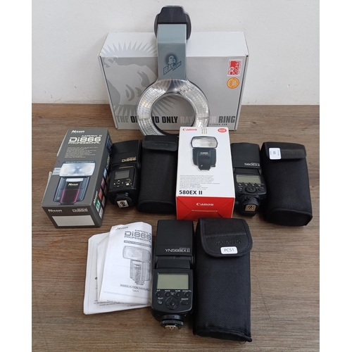 625 - Four items, one boxed Ray Flash Ring, one boxed and cased Canon Speedlite 580EX II electronic flash ... 