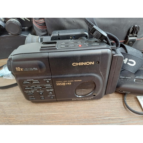 627 - Four items, one cased Chinon VC-1700 VHS-C camcorder with charger, one cased pair of Hanoptik 12x50 ... 