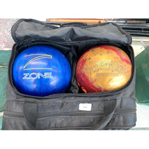 1016 - A ProBowl bowling bag containing Red Star size 11 bowling shoes, one Legends Lane masters ball and o... 