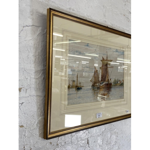 272 - A late 19th/early 20th century gilt framed F. J. Aldridge (1850-1933) watercolour of a harbour scene... 