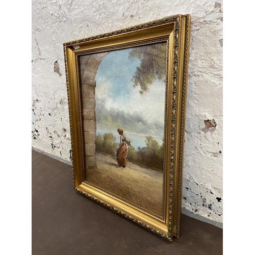 277 - A late 20th century gilt framed acrylic on canvas of a European figure by a lake signed lower left -... 