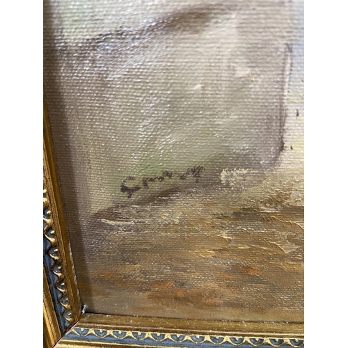 277 - A late 20th century gilt framed acrylic on canvas of a European figure by a lake signed lower left -... 