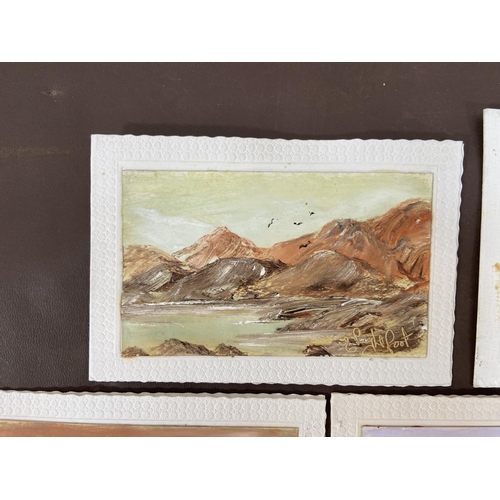 281 - A photograph album containing a collection of vintage acrylic on board paintings of landscape scenes... 