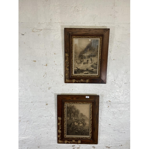 282 - A pair of 19th century prints of sheep by a stream in Art Nouveau oak and gilt frames - approx. 61cm... 