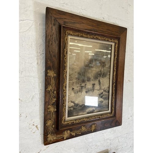 282 - A pair of 19th century prints of sheep by a stream in Art Nouveau oak and gilt frames - approx. 61cm... 