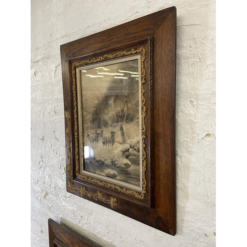 282 - A pair of 19th century prints of sheep by a stream in Art Nouveau oak and gilt frames - approx. 61cm... 