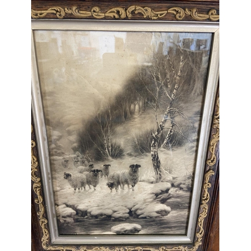 282 - A pair of 19th century prints of sheep by a stream in Art Nouveau oak and gilt frames - approx. 61cm... 