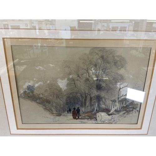 285 - A gilt framed mixed media sketch of a woodland scene - approx. 43cm high x 52cm wide